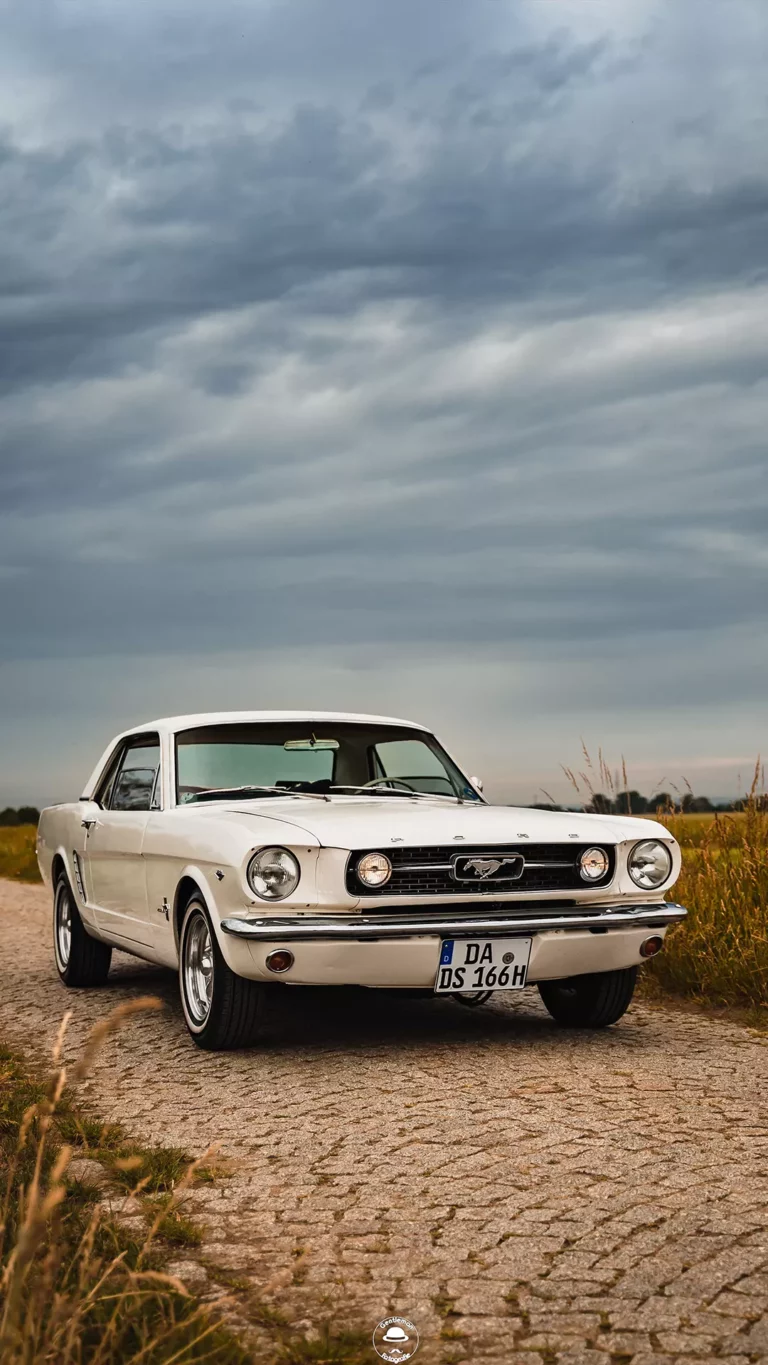 Ford Mustang Baujahr 65 weiß Oldtimer Landschaft