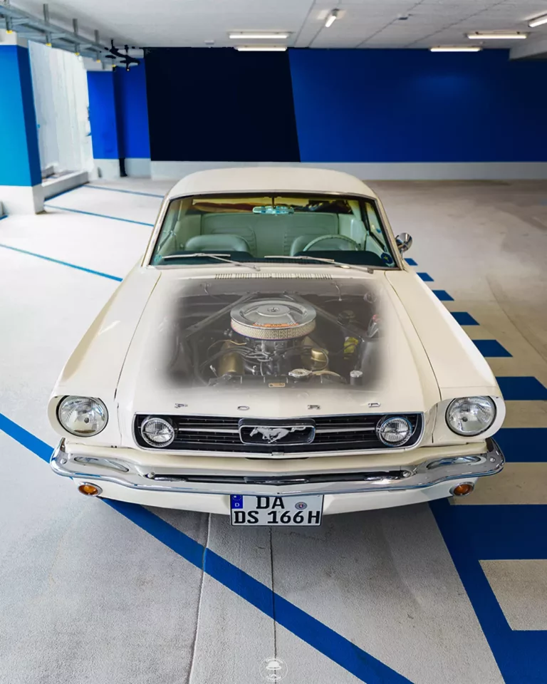 Ford Mustang Baujahr 65 weiß Oldtimer Landschaft Motorhaube