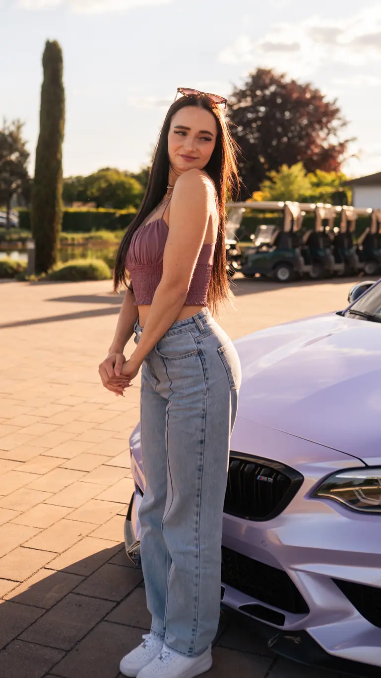 Model Braune Haare BMW M2 Tuning Frau posiert vor auto