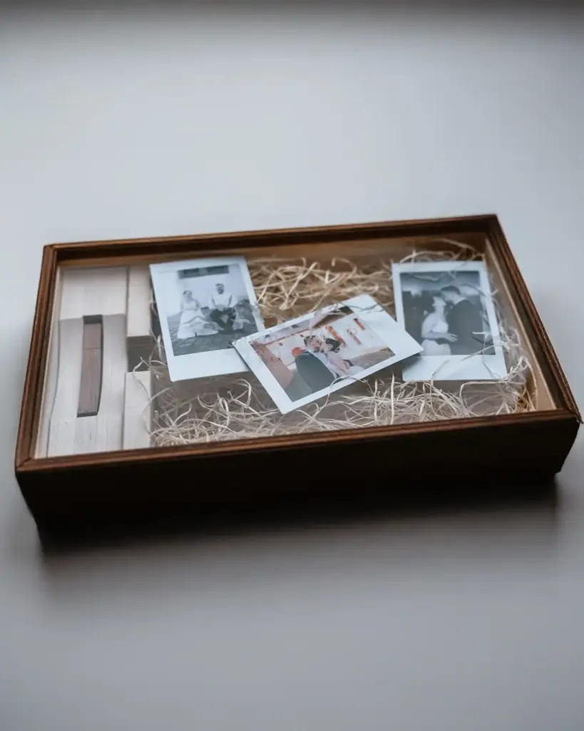 USB Holzbox Hochzeit Ehepaar Wedding Holzbraun Polariod