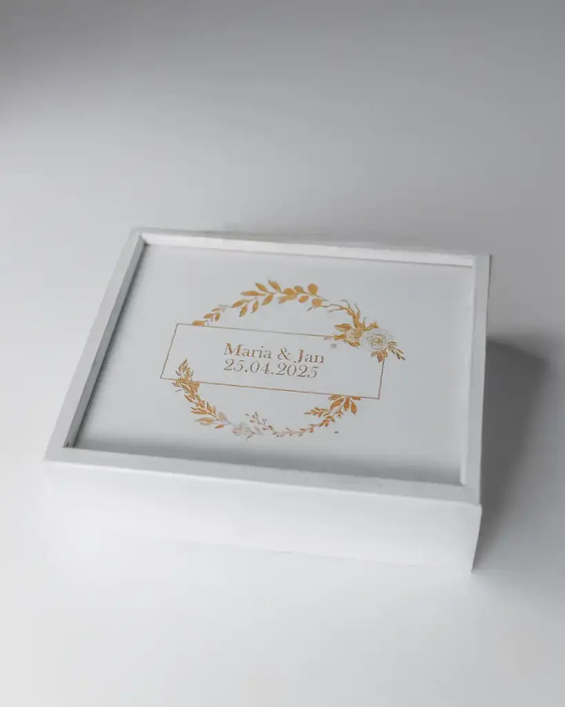 USB Holzbox Hochzeit Ehepaar Wedding Weiß Gold Schleierkraut