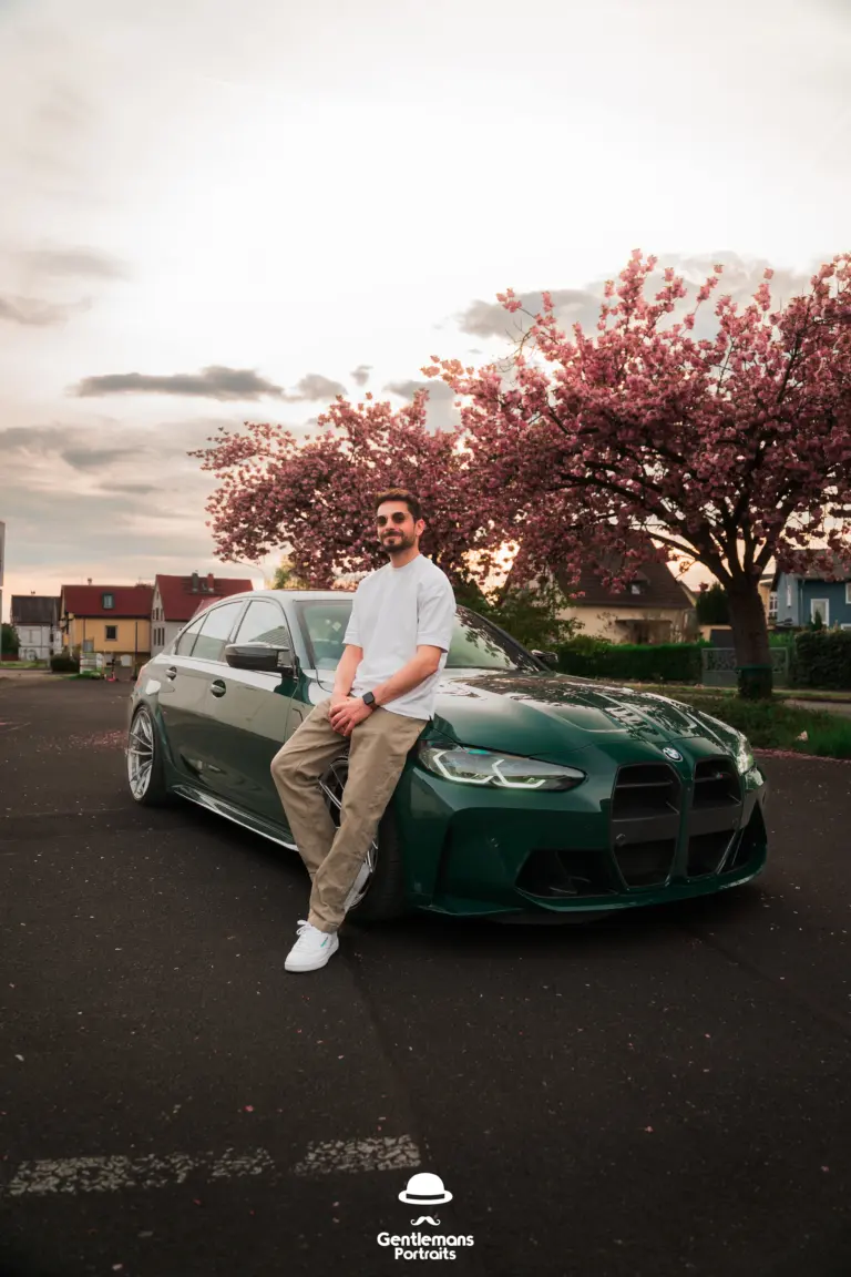 BMW M3 British Racing Green BMW Individual farbton Tuning Gewindefahrwerk Male Model Potrait Kirchblüten