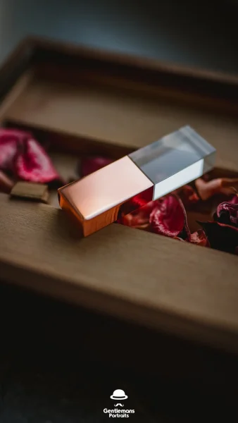 Holzbox Fotobox Hochzeit Marry mit Rose USB-Stick Nahaufnahme